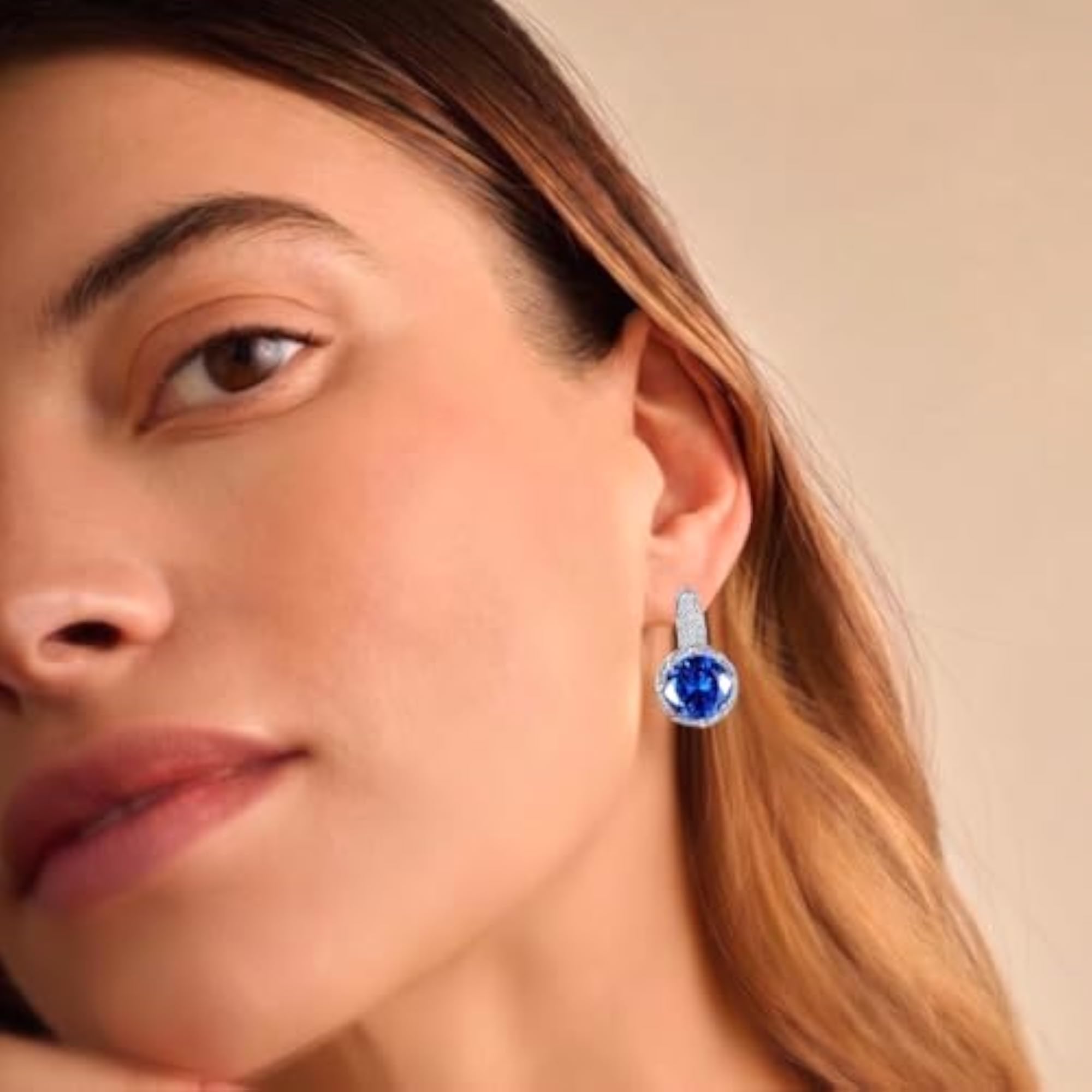 Women's Silver Plated Fancy Blue Hoop Earrings with Crystal & Cubic Zirconia