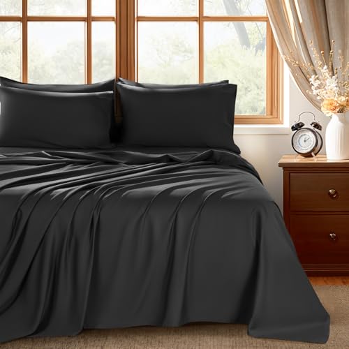 Shilucheng 100% Egyptian Cotton Queen Size Sheets Set - 1000 Thread Count,Luxury Cotton Bed Sheets,Breathable & Cooling Bedding and Pillow Cases, 16 Inch Deep Pocket - 6 Piece (Black, Queen)