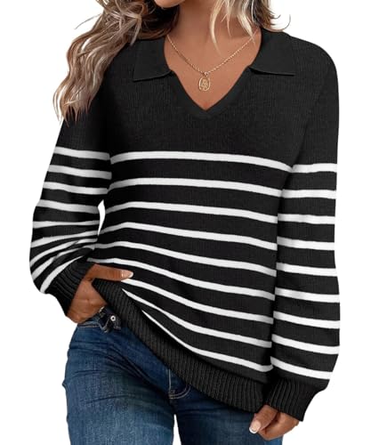 Image of CARCOS Plus Size Sweaters for Women Long Sleeve Pullover Sweaters Lapel Collared Vneck Knit Jumper Tops Fall Winter XL-5XL