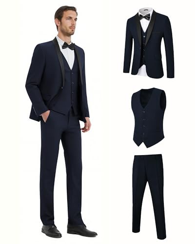 WEEN CHARM Men's Slim Fit 3 Piece Tuxedo Suit One Button Shawl Lapel Blazer Jacket Vest Pants Set3