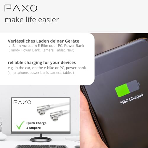 PAXO 1m charging cable, 3A, USB C to USB C cable, USB 2.0, elegant angled plug, particularly flexible fabric sheath in white - Image 3