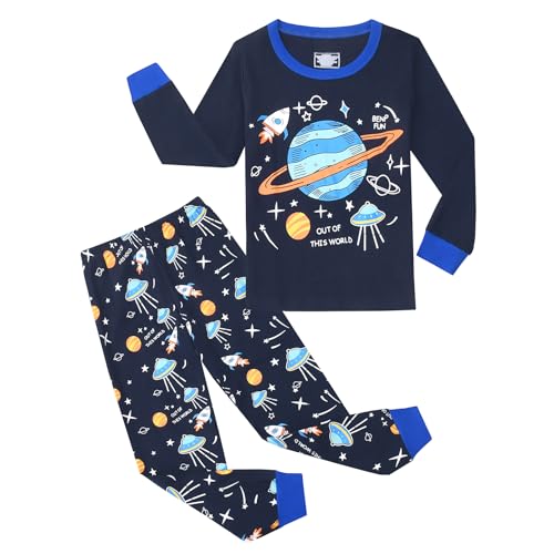 Gumyoss Jungen Schlafanzug Kinder Pyjama Junge Weltraum Planet Langarm Baumwolle Winter Weihnachten Nachtwäsche Gr.134, Marine/Weltraum