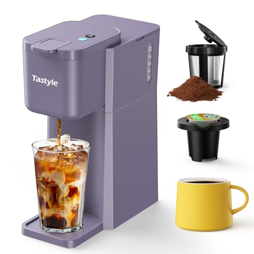 Image of Tastyle Mini Hot and Iced Coffee Maker Single Serve, for K Cup and Ground, 6 to 14 Oz Brew Sizes, with Recipe Book, for Home, Travel, RV, Office and Dorm, Violet