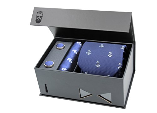 Schlipster Krawatten-Set - Premium Box mit Krawatte, Einstecktuch und Manschettenknöpfen (Blau Anker)