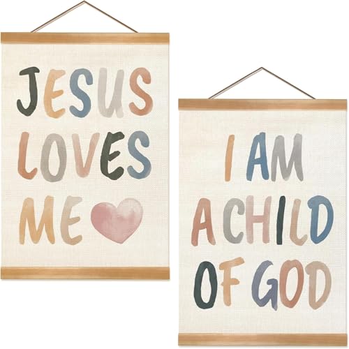 Image of Kids Wall Art Set of 2-Jesus Loves Me I Am a Child of God,Christian Religious Bible Verse Wall Hanging for Nursery, Kids Room Decor, Girls and Boys Room, Boys Girls Bedroom, Playroom, Classroom Poster Decoration