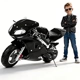 50CC Gas Powered Dirt Bike for Kids 8-14 | 2-Stroke Mini Pocket Bike | Mini Motorcycle for Kids with Dual Headlights | Front/Rear Disc Brakes | Rubber Handlebar | Pull Start, Black, US Quick Arrival