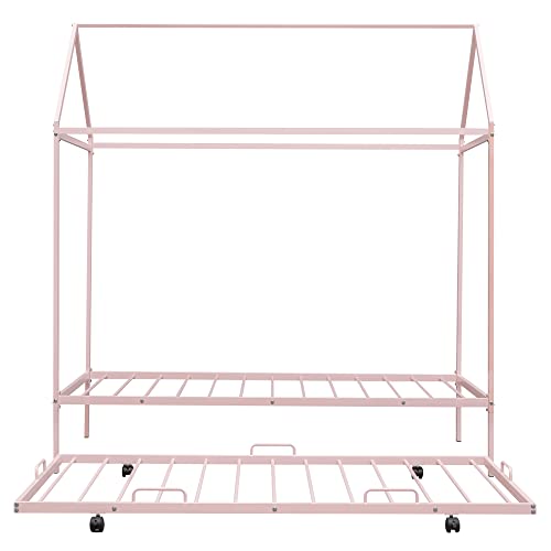 Twin House Bed With Trundle, Kids Montessori Beds Metal 4 Poster Canopy Bed Frame For Girls Boys Teens, No Spring Box Needed, Twin Size， Pink #TOP4