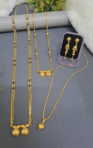 Image of Ranisarkar Jewellery Short & Long Mangalsutra Combo for Women | Gold Plated Black Beads Necklace Set with Heart Shape Pendant & Earrings | Traditional Bridal Jewellery for Special Occasions