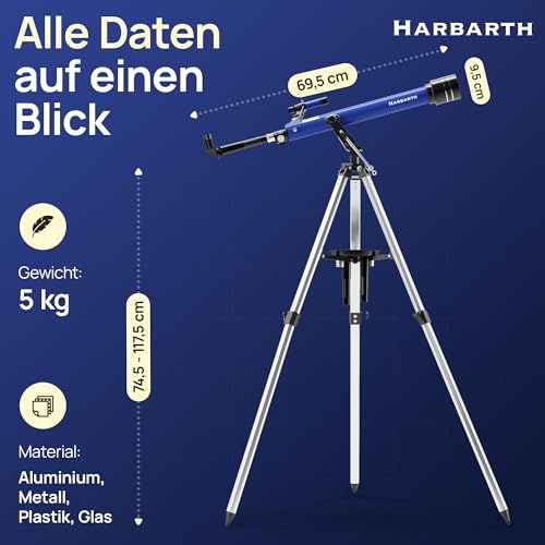 HARBARTH, Teleskop, Linsenteleskop + Okulare, Tasche, Handyhalterung für Bilder - Ideal für Erwachsene & Junge Astronomen - Fernrohr, Telescope Astronomy, | Sterne, Planeten & Kosmos beobachten