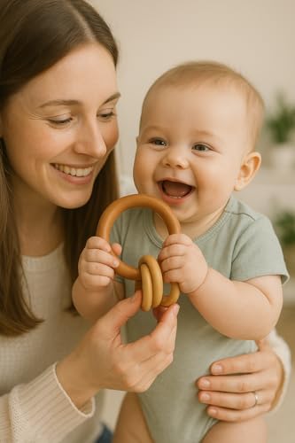 Image of Shark Doo Doo Neem Wood Baby Teether (Round Rattle with Rings) | Organic & Handcrafted | Chemical-Free, Paint-Free, Antibacterial Teething Toy for Babies