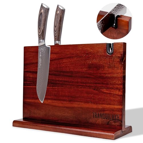 Magnetic Knife Holder with Sharpener Acacia Wood Stand