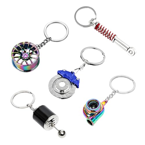 Image of KVAEY 5 PCS Car Parts Model Key Chains, Metal Turbo Keychain Set, Trendy Shock-Absorbent Car Parts Key Chain for Men Women (Blue+Black)
