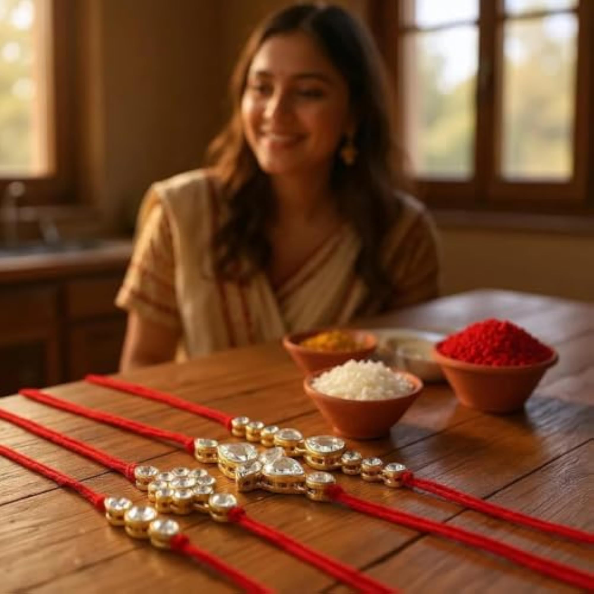 Fancy Traditional Plated Red Thread Stone Rakhi Pack of 4