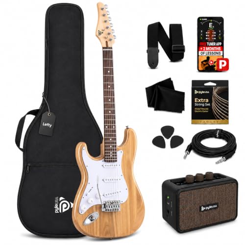 Pyle Left Handed Electric Guitar and Amp Kit - Full Size 39 Starter Kit with Wearable Bluetooth Amplifier 1/4 Cable Zip Case Strap Strings Picks Cleaning Cloth ST-Style (Natural Lefty)