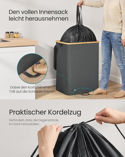 SONGMICS Pfandflaschen-Sammelbehälter, 135 L Pfandflaschen-Behälter, Flaschensammler Leergut, Recycling-Behälter, mit Loch, Deckel, Innensack mit Griffen, Küche, schiefergrau-naturbeige RRB513G01