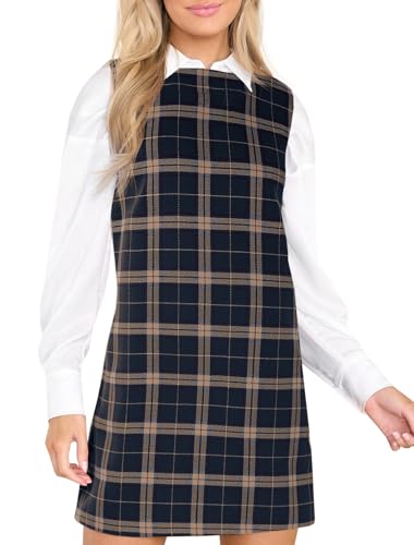 Wenrine Damen-Minikleid, kariert, lässig, ärmellos, Rundhalsausschnitt, A-Linie, kurzes Herbst-Weihnachtskleid, Marineblau, XX-Large
