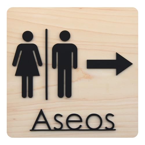 Cartel para Baños/ASEOS/WC Hombre y Mujer en Madera con Letras de Metacrilato Negro Mate - Instalación Fácil con Cinta Adhesiva con Flecha a la Derecha