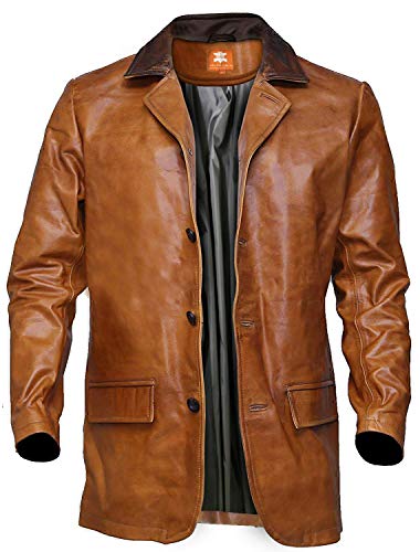 Men’s Brown Leather Jacket, Distressed Leather Trench Coat, Hip-height Long Coat, Three Quarter Long Coat (XL, Brown-2117, x_l)