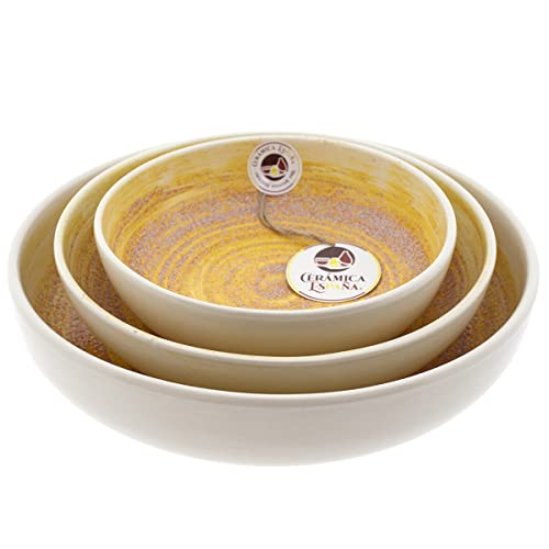 CERÁMICA ESPAÑA | Salatschüssel Keramik | Original Salatschüssel | Dekoration Sand Gelb Set x3 - Modell M03 | Dekoration 100% handgefertigt | 27 x 27 x 6 + 22 x 22 x 6 + 18 x 18 x 5,5 cm Cover
