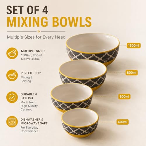 Image of Ceramic Mixing Bowl Set - 4 Pieces (1500ml, 800ml, 600ml, 400ml), Yellow Grey - Durable, Microwave & Dishwasher Safe - Ideal for Mixing, Serving & Storage