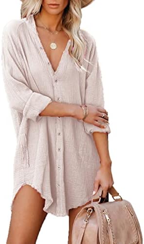 Paintcolors Women's Long Sleeve Cotton Button Down Tunic Dresses Beach Cover-ups Oversized Blouse Tops with Pockets-Apricot XXL