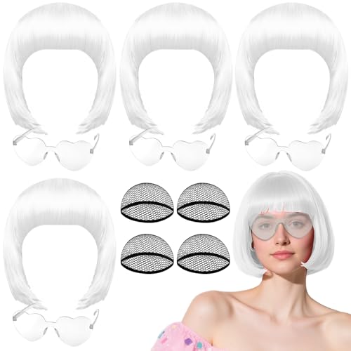 PLULON 4 Pcs White Bob Wigs with Heart Plastic Sunglasses Hair Cap for Women, Neon Short Bob Wig Colored Funny Cosplay Hair for Women Men Daily Bachelorette Halloween Costume Party Decorations