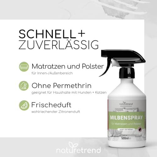 naturetrend Milbenspray für Matratzen und Polster 500ml - Haustierfreundlich, Anti Milben-Spray mit Soforteffekt, Milbenschutz zur effektiven Abwehr von gegen alle Milben