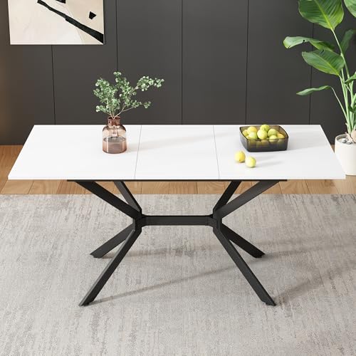 Shye Mesa de comedor extensible blanca 120/160 x 80 cm, patas de metal negro, mesa de comedor rectangular blanca, adecuada para cuatro a seis personas