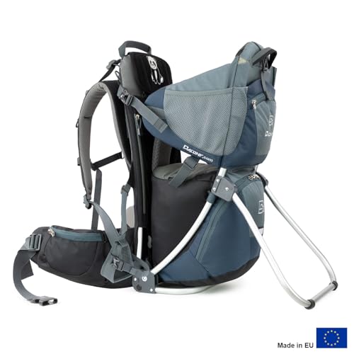 Kraxe Kindertrage Dacony, inklusive einem Paar Fußstützen mit Fersenarretierung, für das Tragen auf dem Rücken- Kindertragerucksack mit Rahmen- bis 25 kg- geeignet für alle Körpergrößen (Deep blue)
