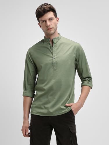 Image of Dennis Lingo Men's Cotton Solid Slim Fit Mandarin Collar Full Sleeves Casual Shirt