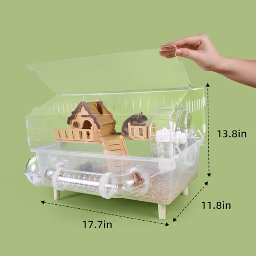 Clear Acrylic Hamster Cage, Dwarf Hamster Cage, Mouse Cage, Gerbil Cage - All-in-One Hamster Habitat with 18cm Silent Wheel, Tubes & Full Kit, 17.7×11.8×13.8" for Dwarf Hamsters, Mice, Gerbils by Cyirexylcc - Used condition - Image 3