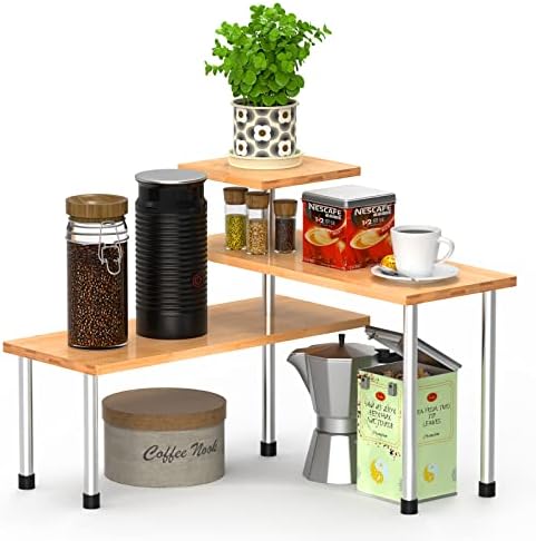 Ollieroo 3 Tier Corner Shelf Bamboo Countertop Organizer Bookshelf Display Shelves Space Saving Rack for Living Room, Kitchen, Office