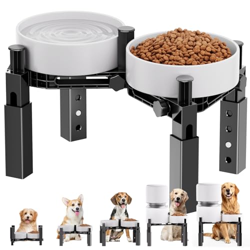Aystkniet 犬用食器スタンド 5段階調節 ボタン操作 高さ14.7〜22.5cm 標準〜大食器対応 全犬種対応 小型犬 中型犬 大型犬 超大型犬 シニア犬 首の負担軽減 関節ケア 消化促進 嘔吐防止 滑り止め三脚 安定設計 防傾倒構造 静音ストリップ 防滑マット ABS樹脂製 丈夫 お手入れ簡単 水拭き対応 屋内用 (ダブル)