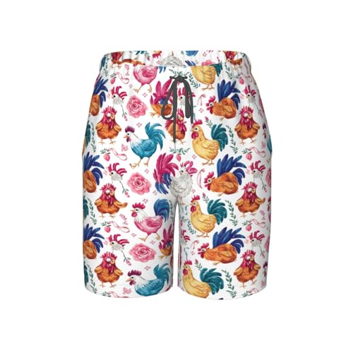 Pink Rooster Chicken and Flowers Teen Boys Swim Trunks Quick Dry Shorts Summer Beach Shorts for Big Boys