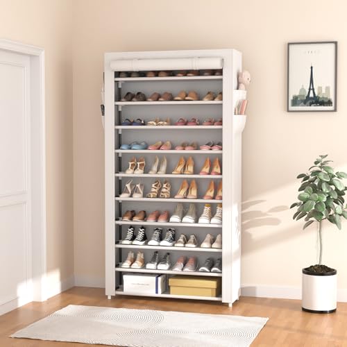 Image of ROJASOP Shoe Rack with Covers 10 Tier Large Shoe Organizer Tall Shoe Closet Storage for 50-55 Pairs Shoe and Boot, Free Standing Shoe Rack Organizer for Closet, Entryway, Bedroom, White
