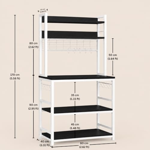 Image of 5-Tier Kitchen Organizer Rack-Multipurpose Microwave Stand for Kitchen Platform & OTG Oven-Steel Utensils Storage Shelf with Hooks - Engineered Wood & Metal Rack for Home- 80x40x170 cm -White /Black