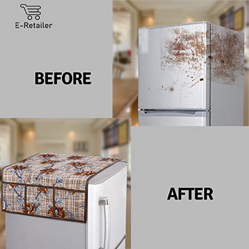 Image of Polyester 3-Layered Fridge Top Cover /Refrigerator Cover With Utility Pockets and Set of 4 Pc. Fridge Mat (Color-Check Floral Brown, Size-39x21 Inches)