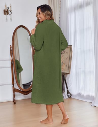 Image of Ekouaer Women Zipper Robe Fleece Long Sleeves Bathrobe Sleepwear Warm Soft Housecoat with Pockets Zip Up House Dresses