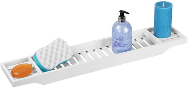 1 Click Buy Bathtub Caddy Tray, Modern Bath Tray Bathtub Storage Rack Shelf Organizer Wine Glass Holder for Bathroom (White)