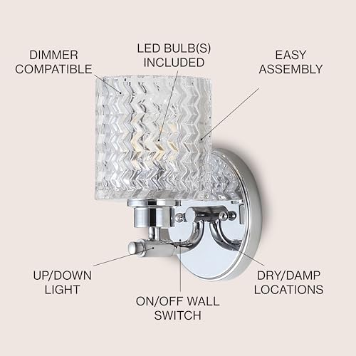 JONATHAN Y 7.5" Chrome Spaulding Vintage 1-Light Farmhouse Vanity Sconce Light, Clear Chevron Pattern Glass Shade, LED Wall Light for Bathroom Mirror, Bulb Included JYL3548A by JONATHAN Y - Image 3