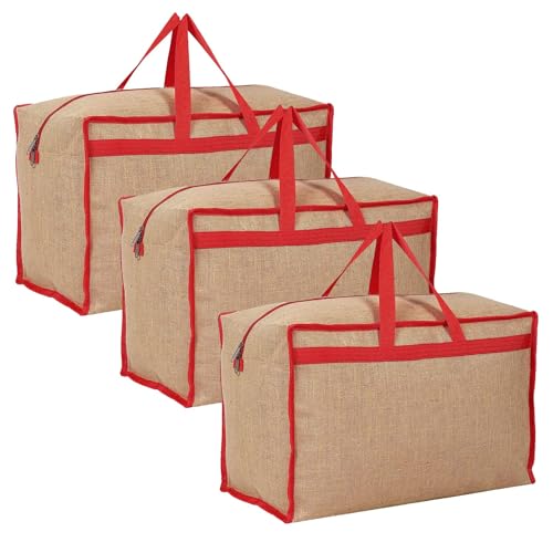 Image of Shibui Heavy Duty Extra Large Storage Bag, Moving Bag Tote, Blanket Clothes Organizer, Comforter, Bedroom closet, Room Essentials (Grey Canvas) (Pack of 3, Red)