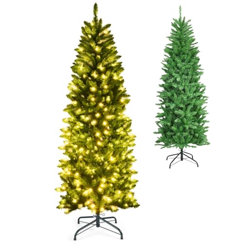 GYMAX 4.5FT/5FT/6FT/6.5FT/7.5FT Pre-Lit Green Christmas Tree, Premium Hinged Artificial Pencil Tree with Warm White LED Lights, Xmas Traditional Decoration for Home, Office, School and Shop(6FT)