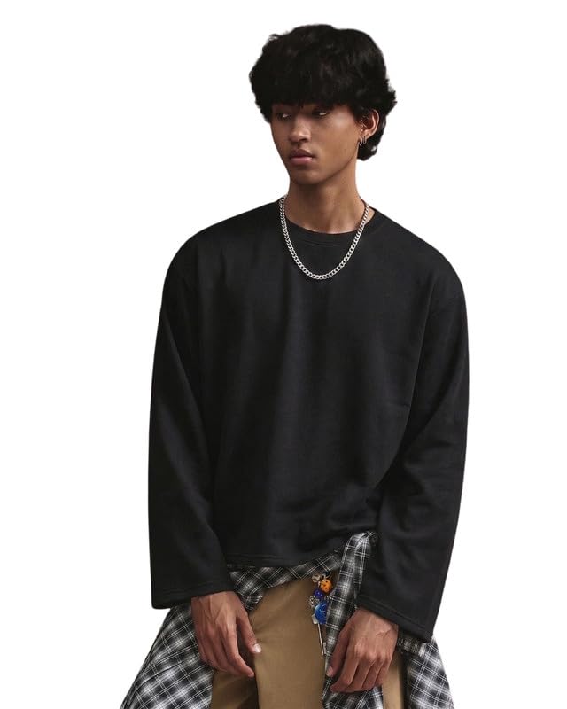 Full Sleeve White & Black Cotton Oversized Solid Men's T-Shirt | Crew Neck Relaxed Fit Tee | Breathable Winter & Layering Essential | Sizes S to XL | TS113-WHT-S-picture-42