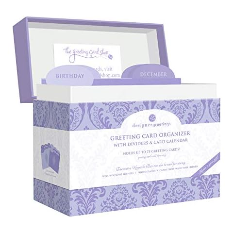 Designer Greetings Greeting Card Organizer Box with Dividers and Calendar, Decorative Lavender Damask Pattern (9.5” x 7.25” x 6”, Holds Up to 75 Greeting Cards), Purple - Large (711-00005-0000) Cover