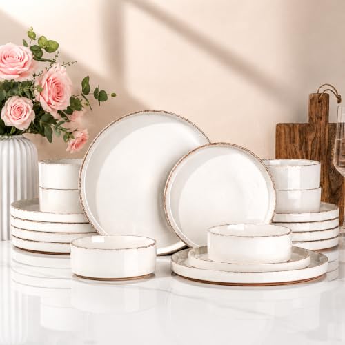 Image of AmorArc Ceramic Dinnerware Sets for 6, 18 Pieces Handpainted Plates and Bowls Set with Rustic Terracotta Underside, Scratch Resistant Stoneware Dishes Set, Dishwasher & Microwave Safe