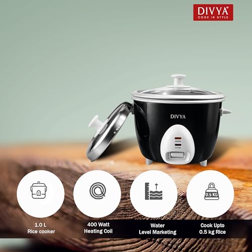 Image of DIVYA 1.0 L Drum Electric Rice Cooker for Home | 400 W | Double Pot Anodised Aluminium | Glass & Stainless Steel Lid | Cook & Keep Warm Function | Compact Rice Cooker | Black