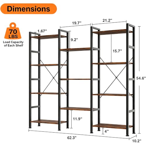 Image of HealSmart Triple Column 4 Tier Bookshelf, Industrial Bookcase with 11 Open Display Adjustable Shelves, Wide Convertible Display Modern Bookshelf for Living Room & Home Office, Brown