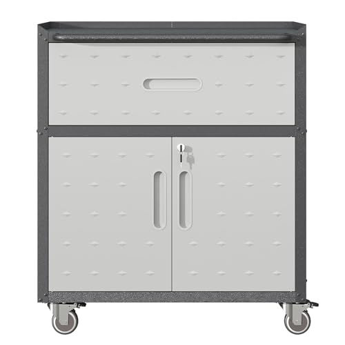 Sturdy and Durable Metal Tool Cabinet for Garage with Wheels - Mobile Heavy-Duty Rolling Tool Storage Cabinet with 1 Drawer and 2 Locking Doors, Black and Gray