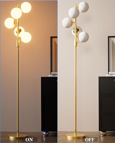 Image of Lightdot Dimmable Globe Floor Lamp Mid Century Modern Floor Lamp with 5Pcs 3000K Bulbs Included Brightness Adjustable Gold Standing Lamps with 5Lbs Heavy Base for Living Room /Bedroom /Sofa Beside