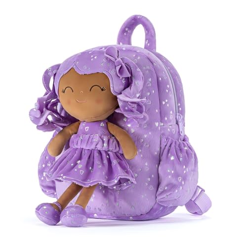 Image of Gloveleya Toddler Backpacks Baby Girl Gifts Curly Hair Plush Figures Dress Backpack - Silver Heart Accents in Deep Purple 11''
